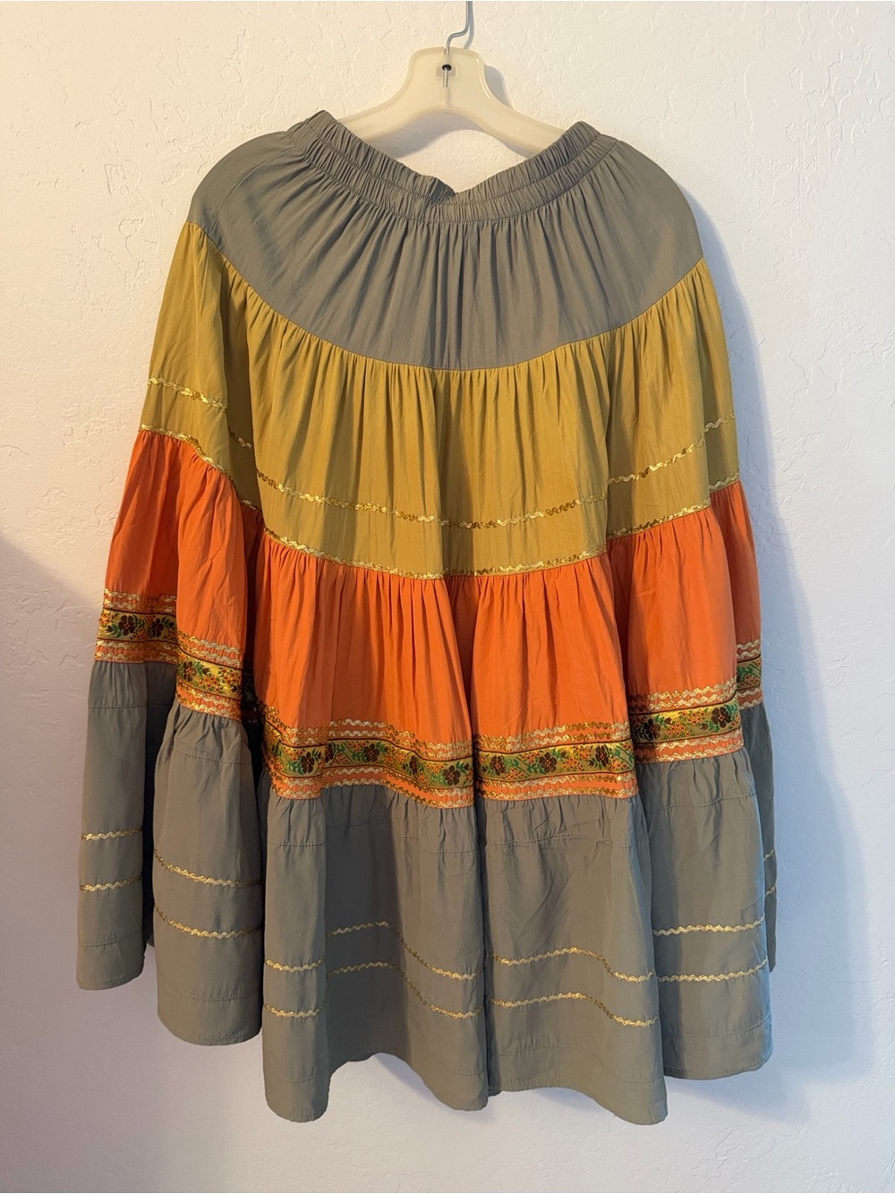 Vintage Benjamin A Los Angeles Boho Maxi Skirt Earth Tones Gold Trim Tiered